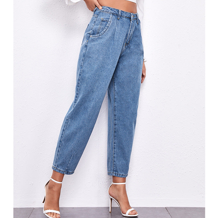 High Waist Washed Denim Trousers for Women