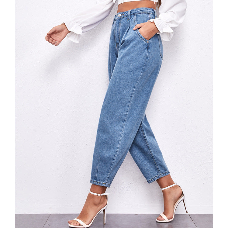 High Waist Washed Denim Trousers for Women