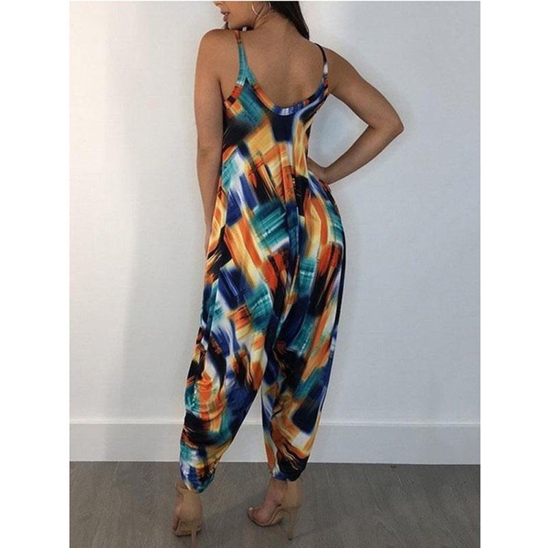 Printed Loose Suspenders Women Jumpsuit