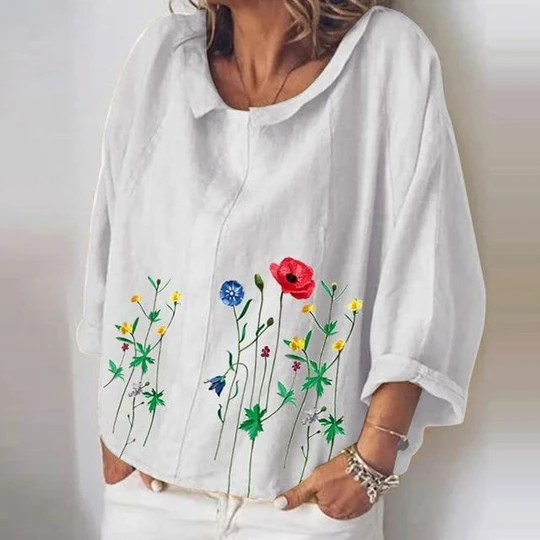 Literary loose cotton and linen flower embroidery long sleeves