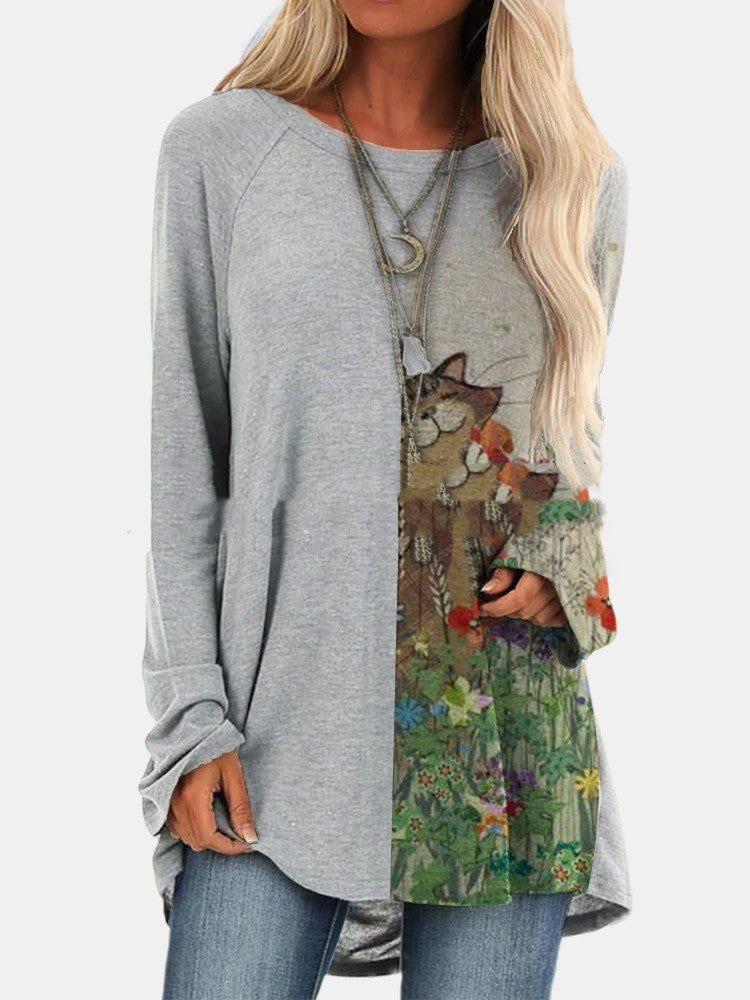 Printed Crew Neck Long Sleeve T-shirt for women