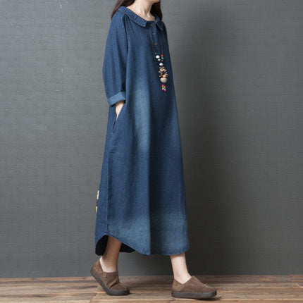 Cotton Denim Scoop-Neck Maxi Dress