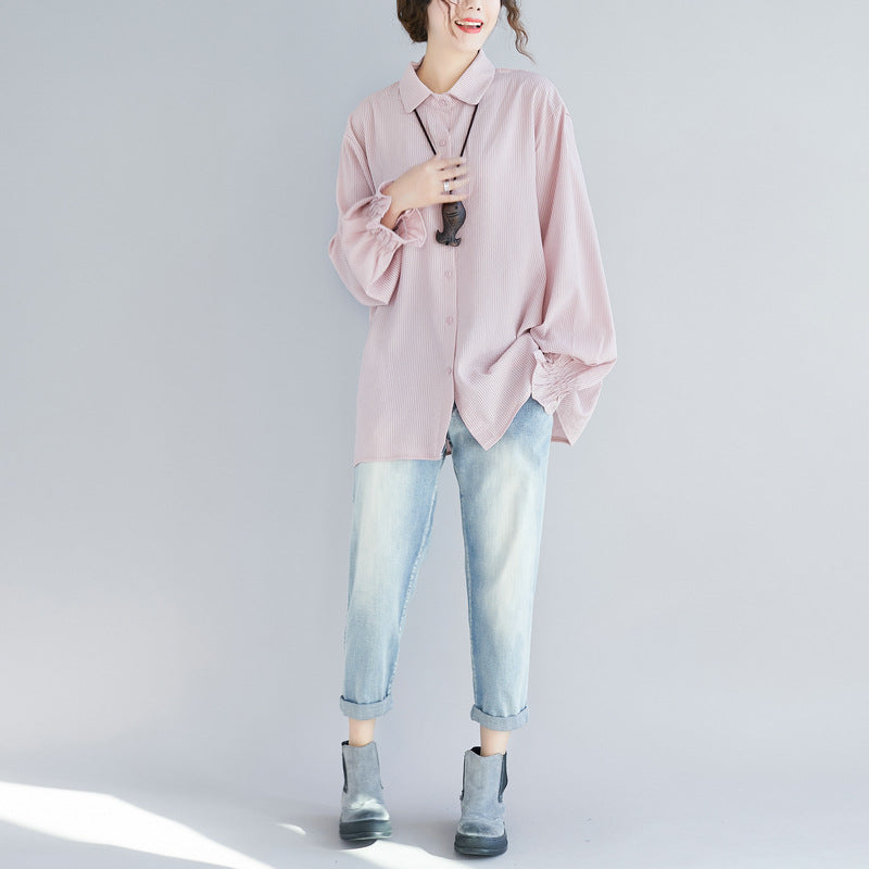 Cotton and linen stripe bottomed loose shirt