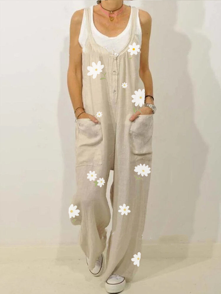 European And American New Style Cotton And Linen Printed Jumpsuit