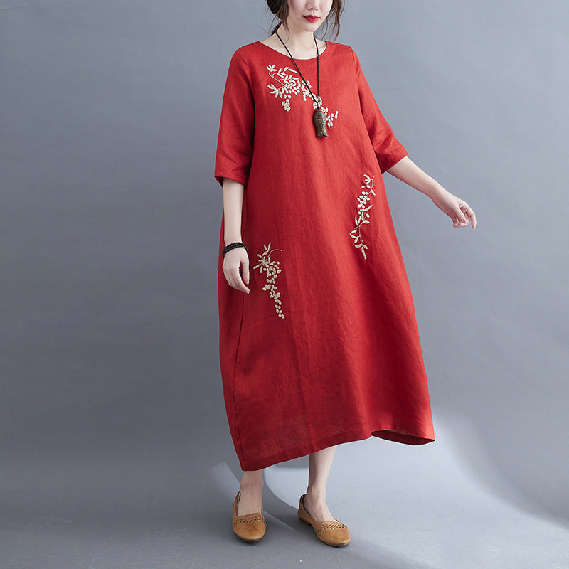 Cotton and Linen Embroidered Pullover Dress