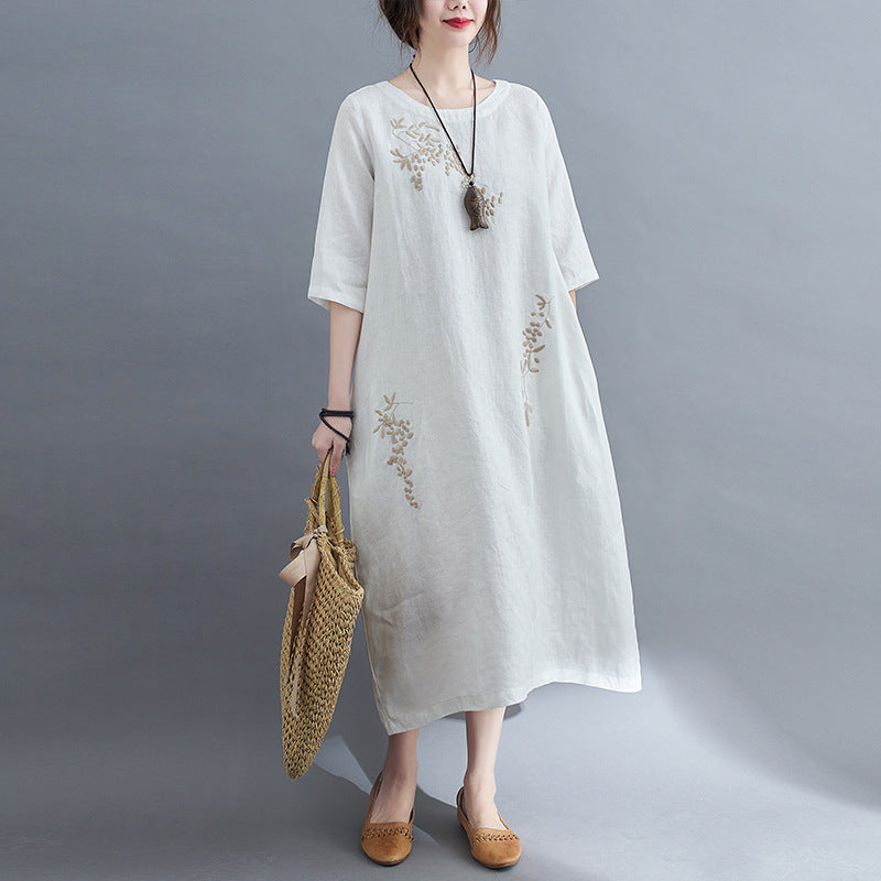 Cotton and Linen Embroidered Pullover Dress