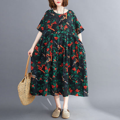 Casual Cotton and Linen Printed Dress