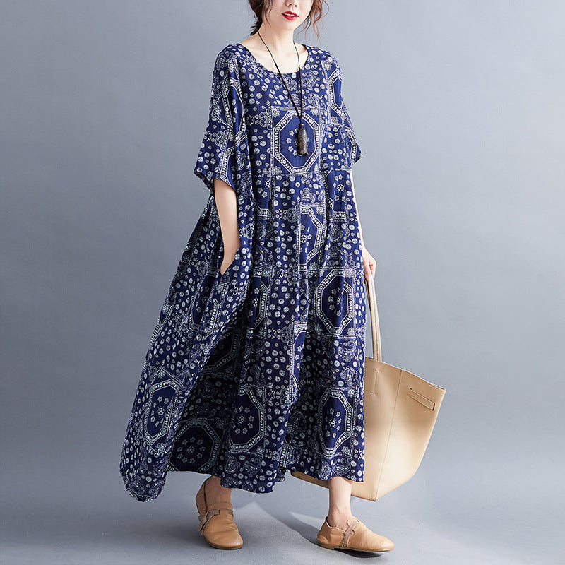 Casual Cotton and Linen Printed Dress