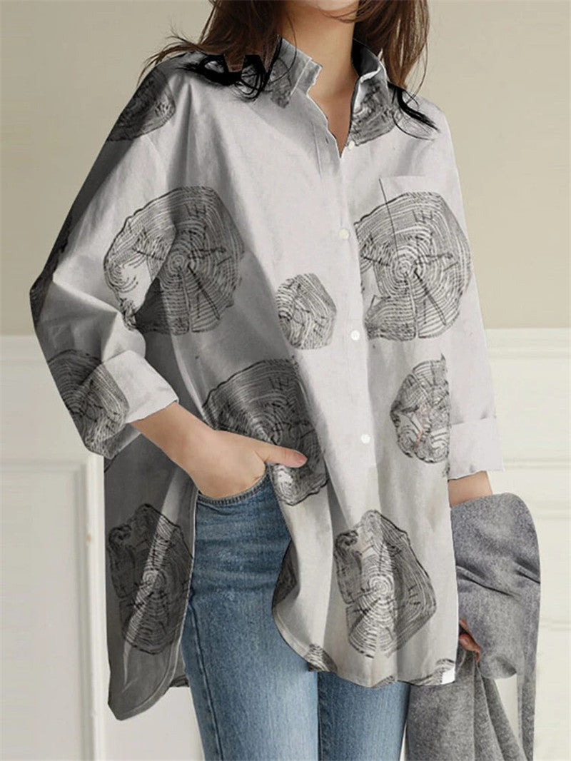 Long-sleeved Cotton And Linen Printed Loose Shirt