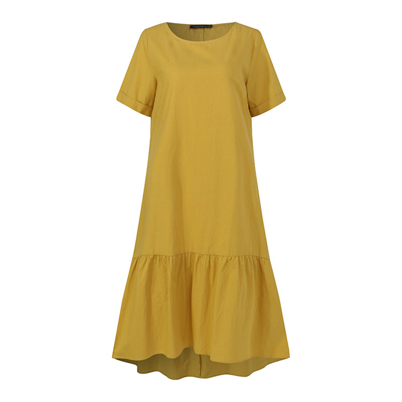 Cross-Border Pleated Cotton Dress with Jewel-Neck