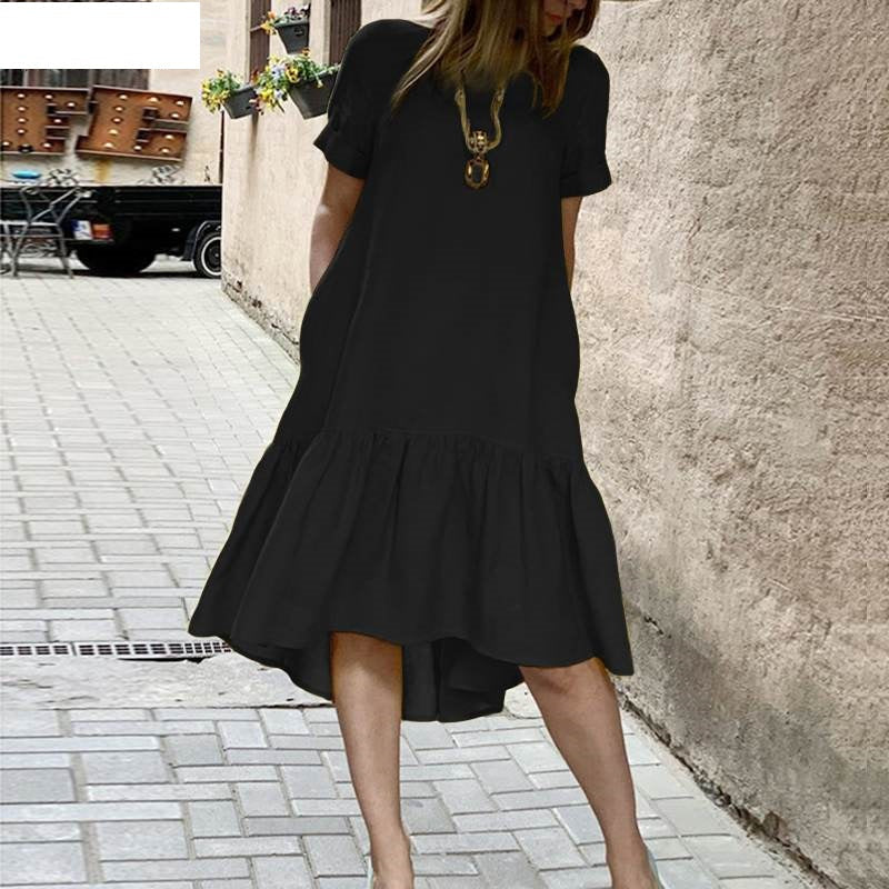 Cross-Border Pleated Cotton Dress with Jewel-Neck