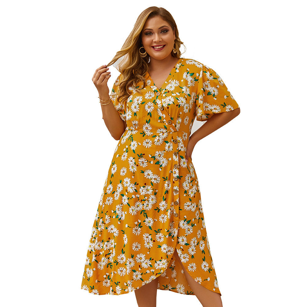 Plus Size Dress Vintage Women Flower Print Dresses