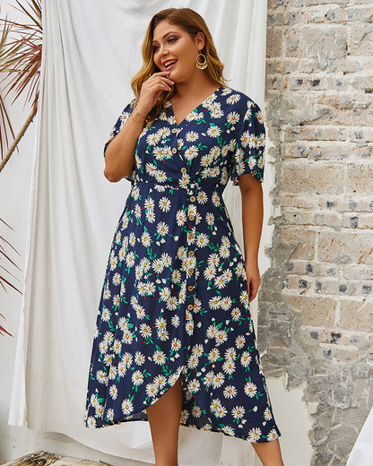 Plus Size Dress Vintage Women Flower Print Dresses