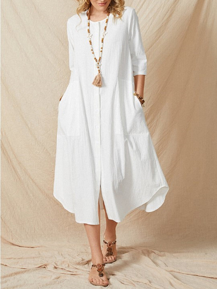 Cotton and Linen Loose Dress With Mid-length Sleeves