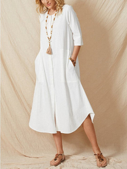 Cotton and Linen Loose Dress With Mid-length Sleeves