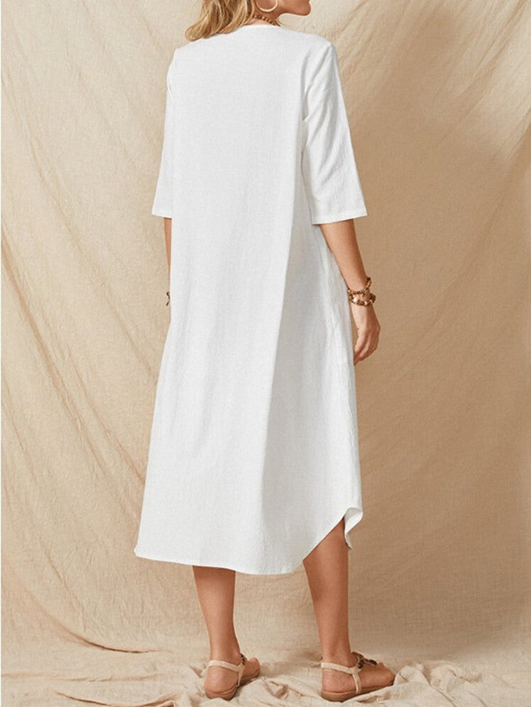 Cotton and Linen Loose Dress With Mid-length Sleeves