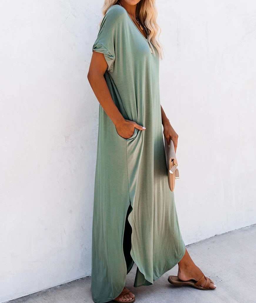 Split Side Loose Dress with Pockets