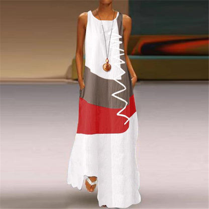 Retro Long Cotton And Linen Stitching Contrast Color Sleeveless Dress