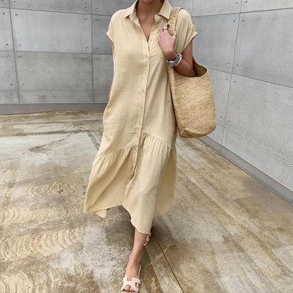 Short Sleeve Shirt Dress Women Long Cotton Linen Cupro Skirt