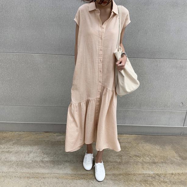 Short Sleeve Shirt Dress Women Long Cotton Linen Cupro Skirt