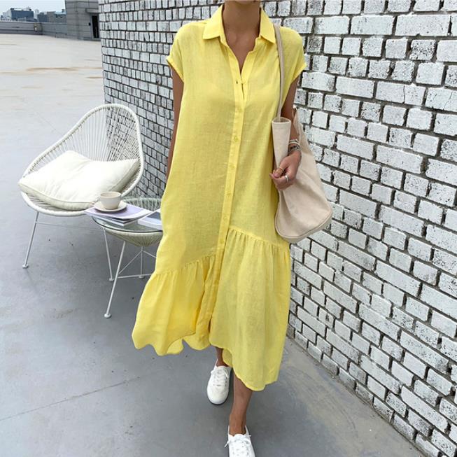 Short Sleeve Shirt Dress Women Long Cotton Linen Cupro Skirt