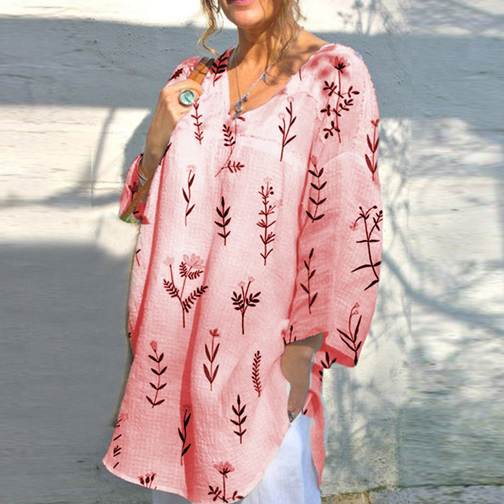 V-neck printed loose blouse