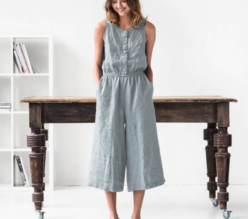 Cotton and linen button cropped jumpsuit