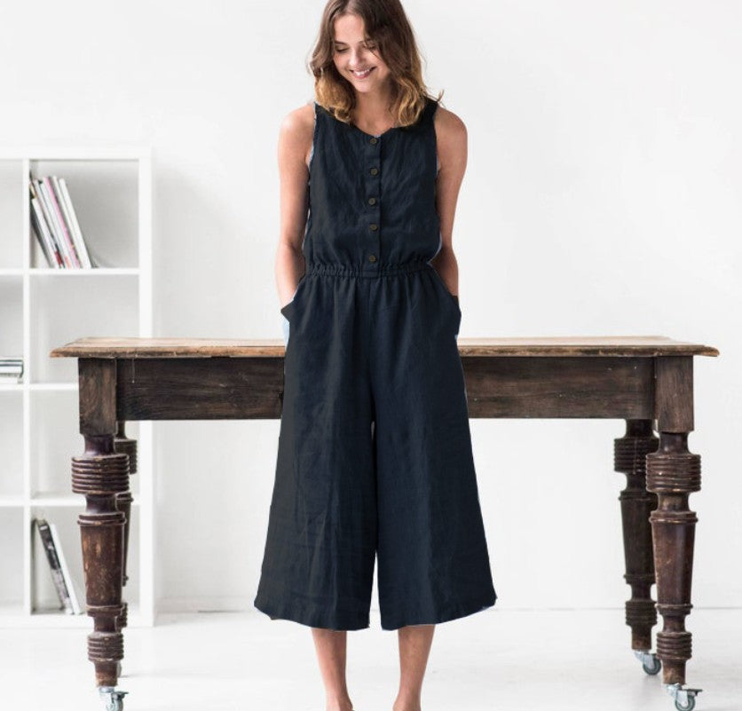 Cotton and linen button cropped jumpsuit