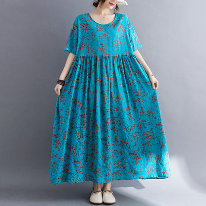 Cotton And Linen Print Short-sleeved Belly-covering Slim Dress