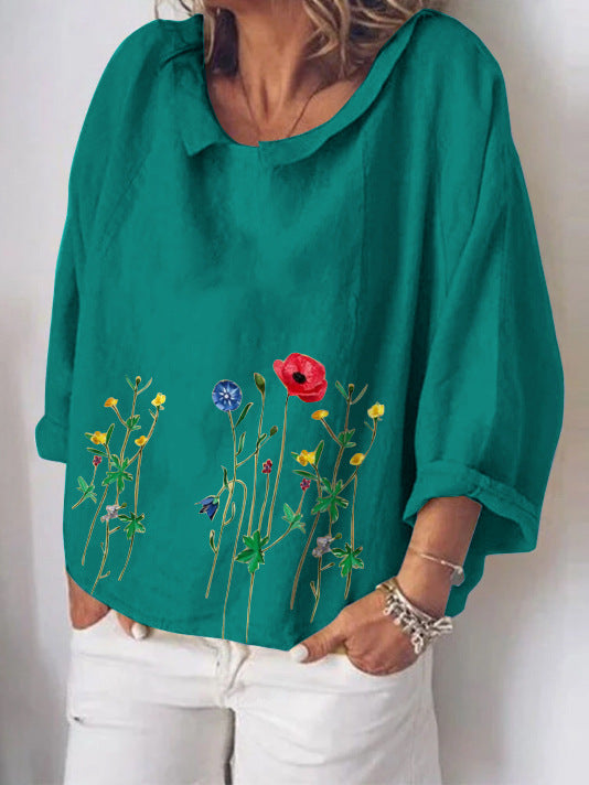 Literary loose cotton and linen flower embroidery long sleeves