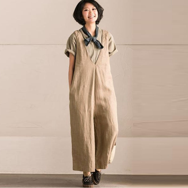 Strap Wide-leg Cotton and Linen Jumpsuit