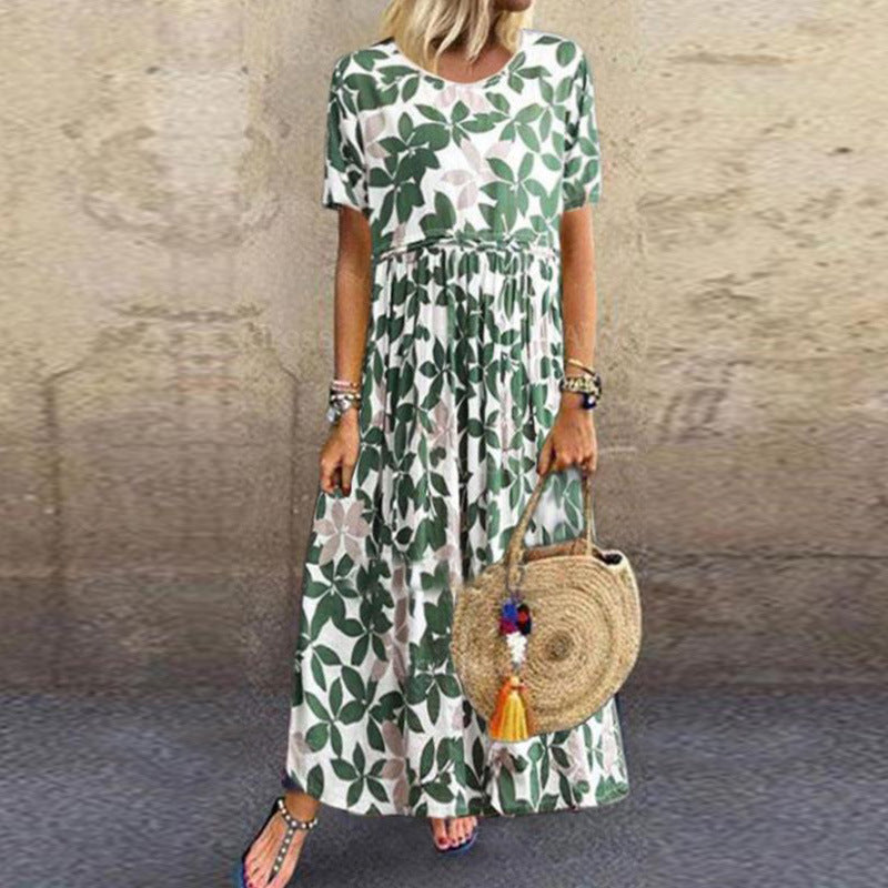 Floral Printed Round Neck Cotton and Linen Dress