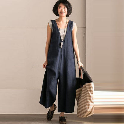 Strap Wide-leg Cotton and Linen Jumpsuit