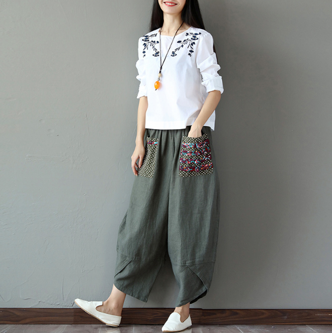 Cotton and Linen Women Wide Leg Pants