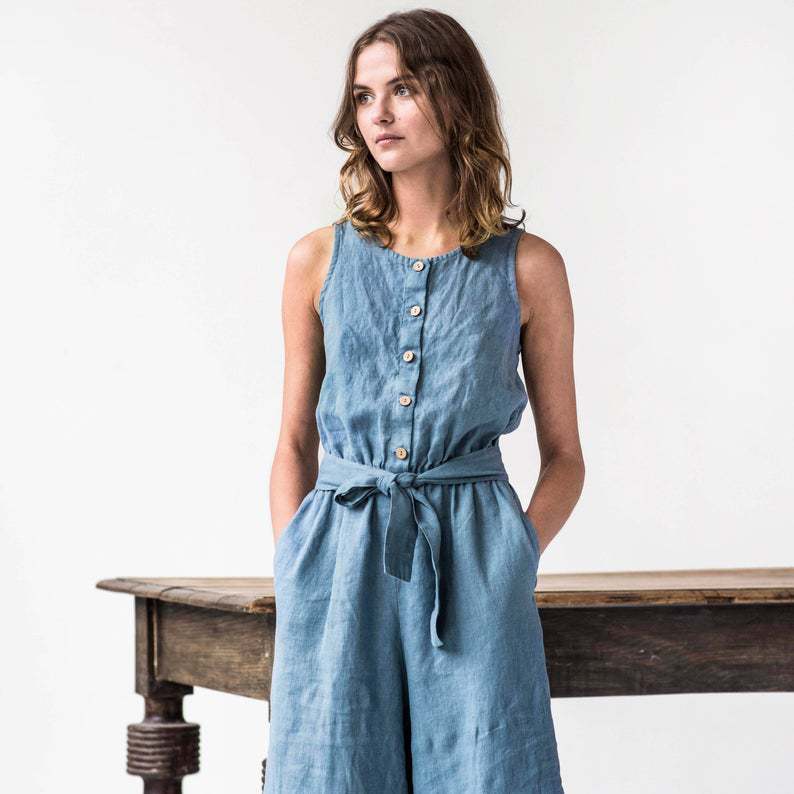 Cotton and linen button cropped jumpsuit