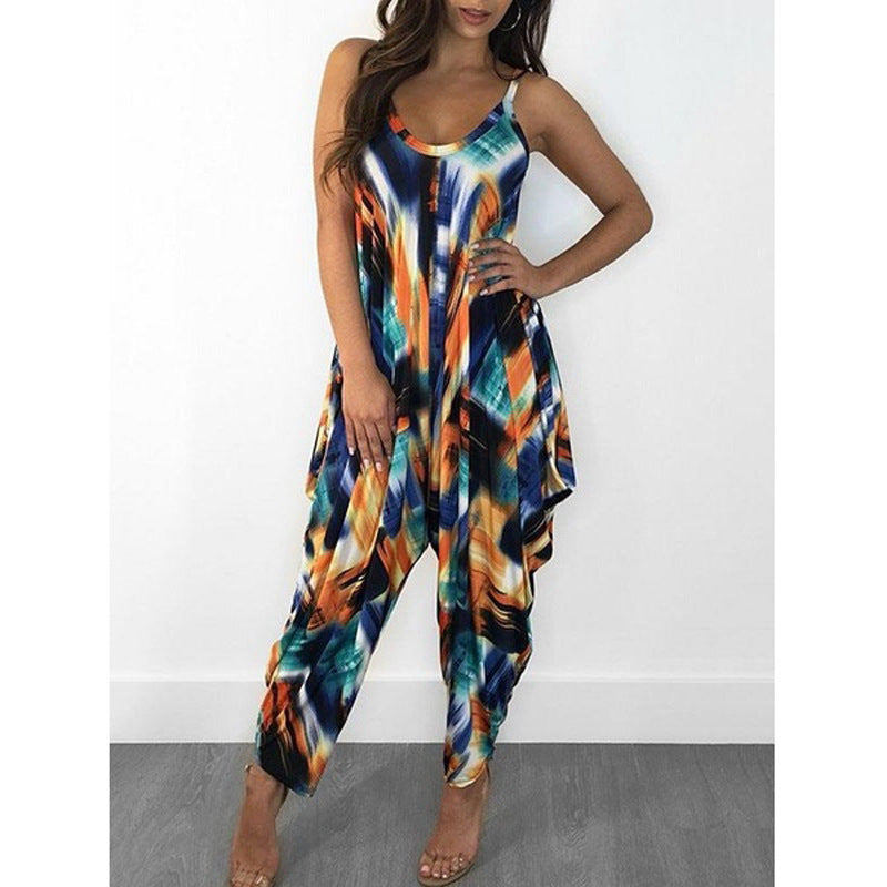 Printed Loose Suspenders Women Jumpsuit