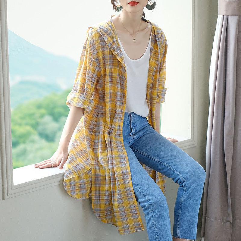 Mid-length Cotton Cardigan Fashion Plaid Loose Sunscreen Shirt