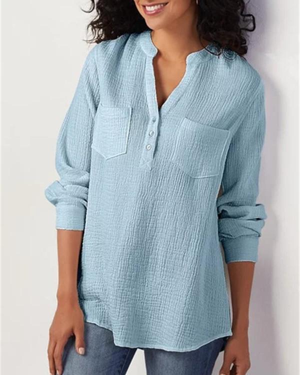 Pocket cotton and linen loose plus size top