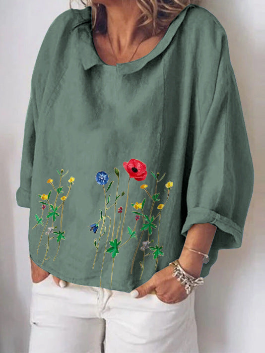 Literary loose cotton and linen flower embroidery long sleeves