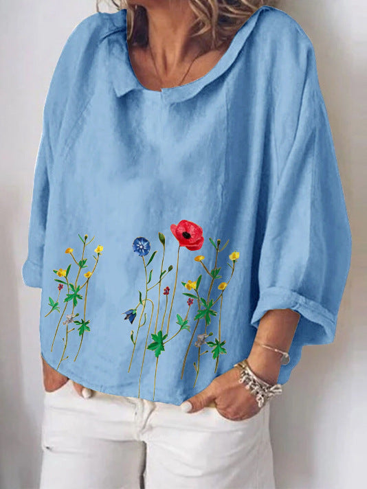 Literary loose cotton and linen flower embroidery long sleeves