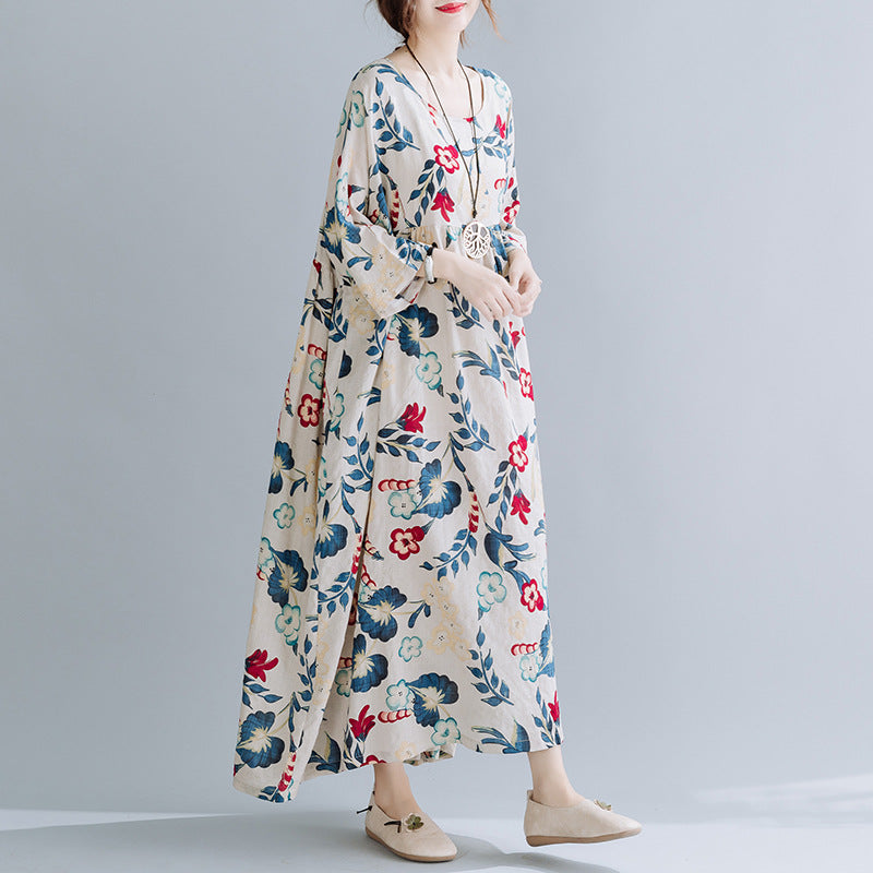 Plus Size Loose Panel Cotton Linen Print Short Sleeve Dress