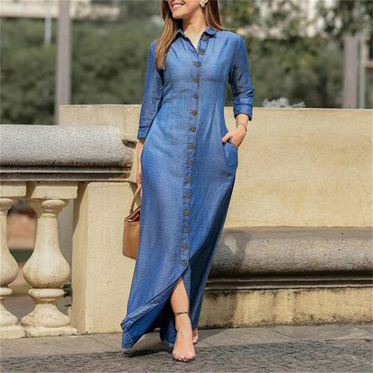 Shirt Collar Denim Button Maxi Dress