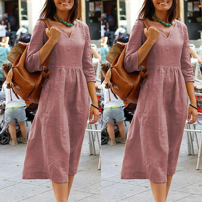 V-neck Cotton and Linen Dress