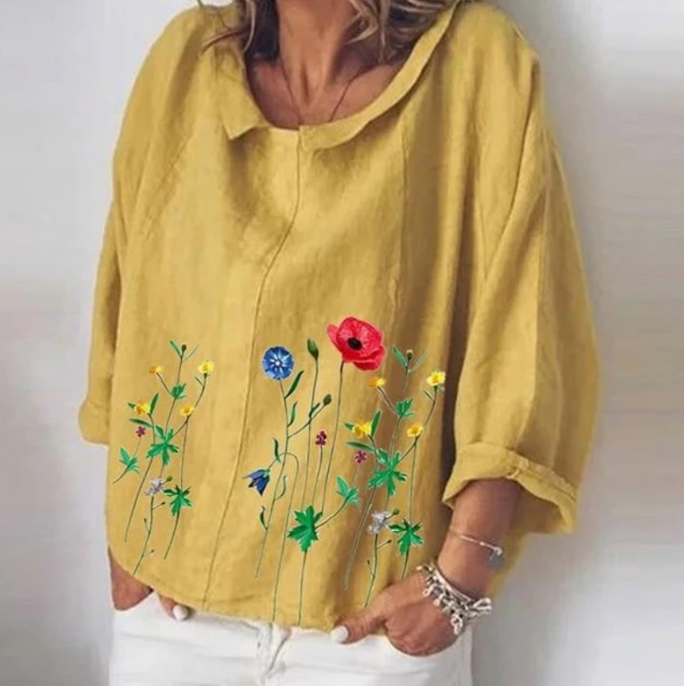 Literary loose cotton and linen flower embroidery long sleeves