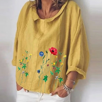 Literary loose cotton and linen flower embroidery long sleeves