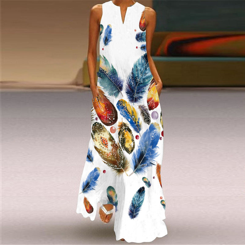 Summer Deep V-neck Sleeveless Printed Maxi Dress