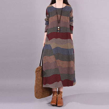 Printed Long Sleeve Cotton and Linen Dress