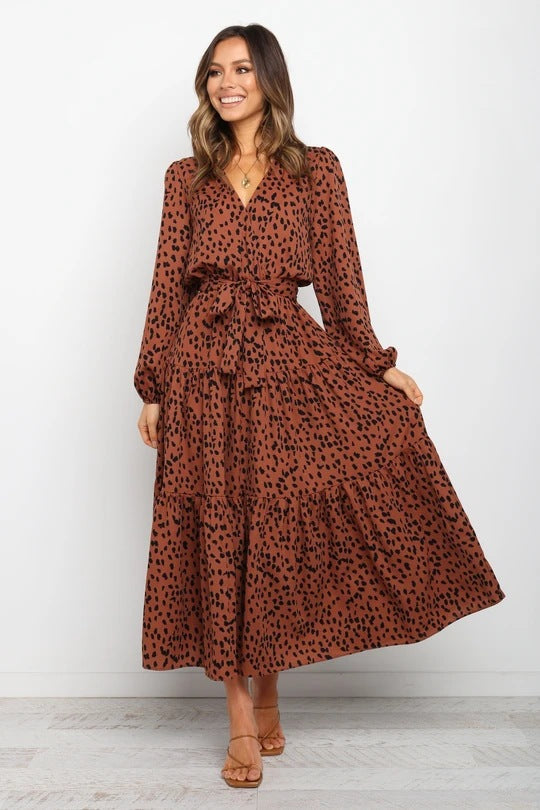 Long-Sleeve Leopard Print Dress with V-Neck