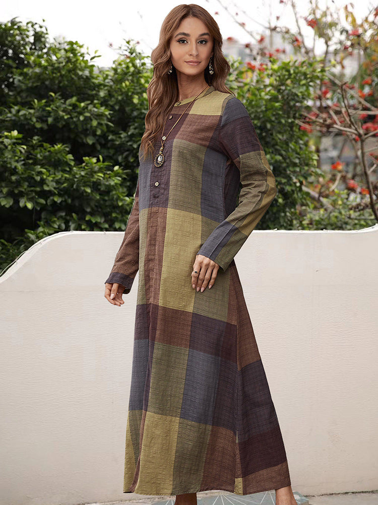 Retro Hedging Cotton And Linen Loose Cotton Plaid Color Matching Dress