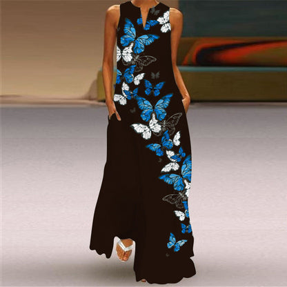 Summer Deep V-neck Sleeveless Printed Maxi Dress